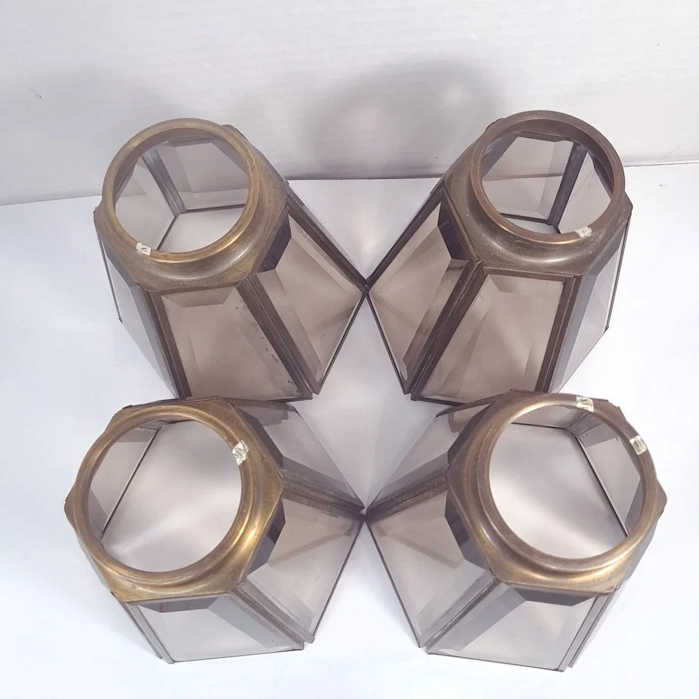 Vintage Smoked Glass Ceiling Fan Light Shades x4 Hexagon Beveled 6 sided brass